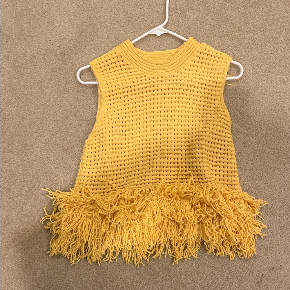 Zara Sleeveless Yellow Crochet Fringe Top Sweater